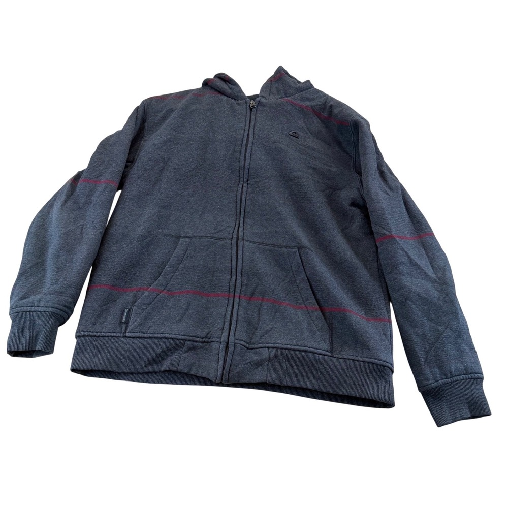Quiksilver Hoodie Mens M Gray Striped Full Zip Sherpa Lined Fleece Surf Casual